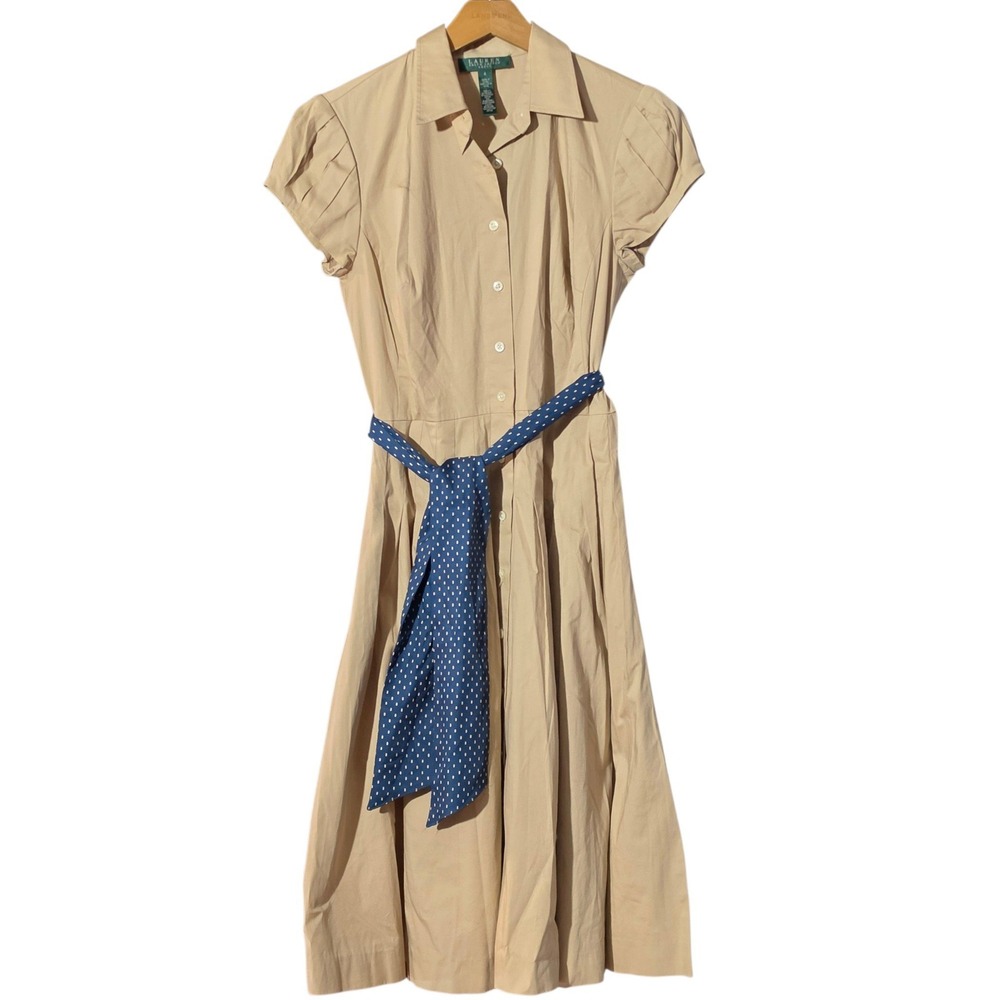 Lauren Ralph Lauren Women 4 Shirt Dress Tan Pleated Cap Sleeve Safari Belt